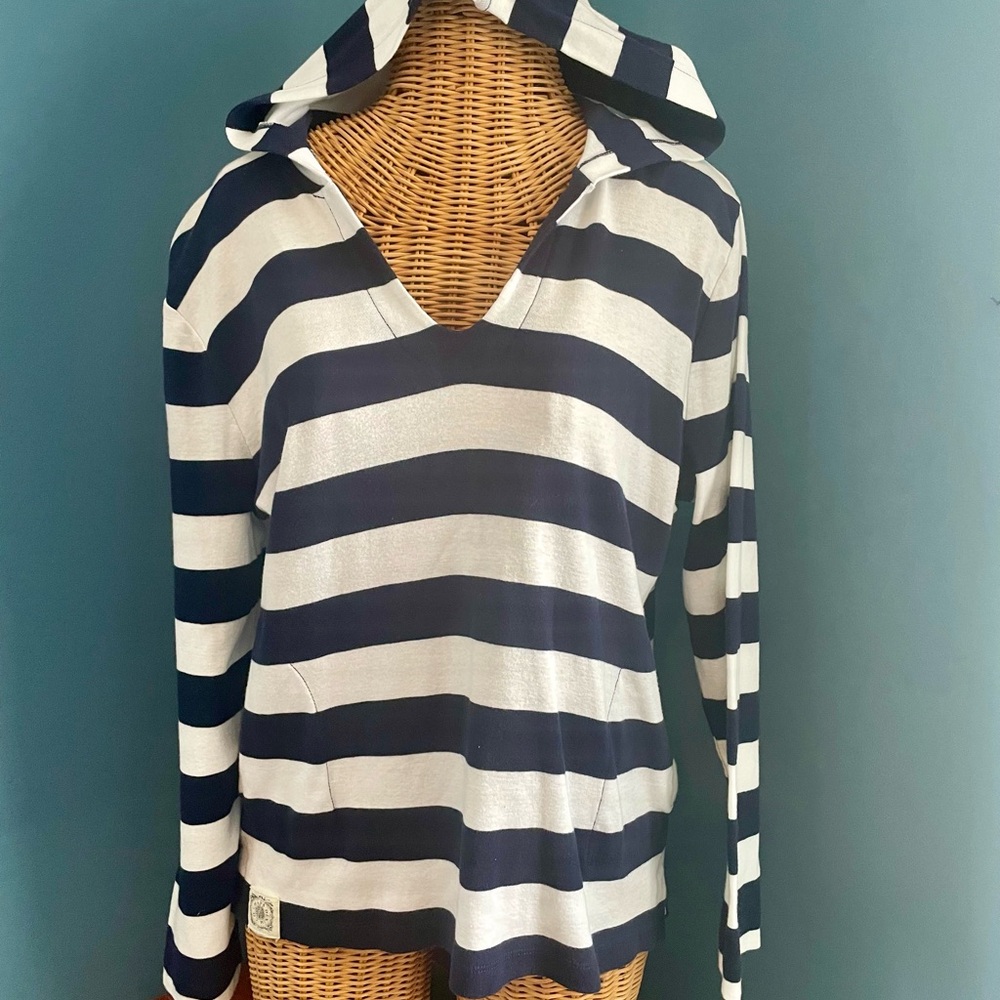 Chaps Navy White Striped Hooded Top Lightweight 100% Cotton SIZE XL V Neck